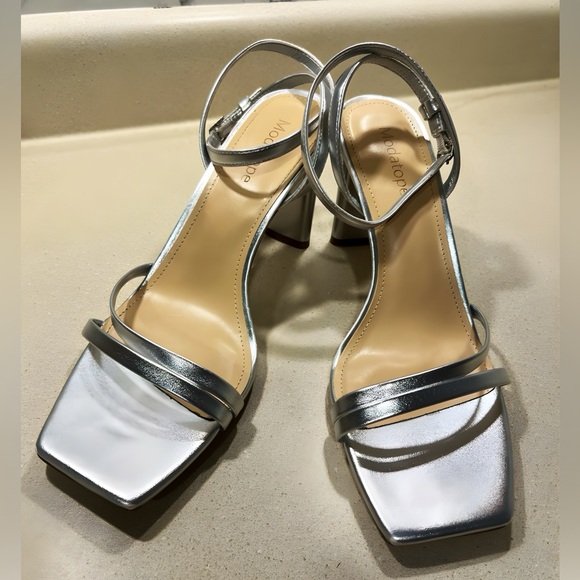 Silver Women’s Modatope Strapy Heeled Square Open Toe Chunky High Heels - Picture 3 of 15